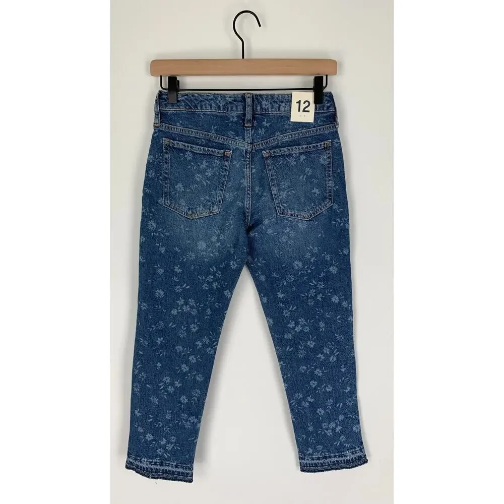 GAP Kids Girlfriend Blue Denim Floral Jeans Straight Leg Medium Wash Girls 12